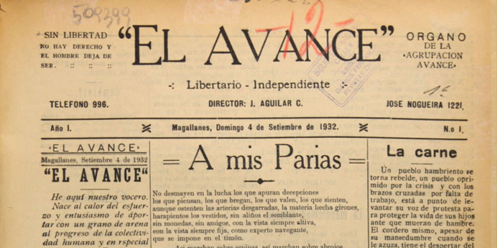 El Avance. Órgano de la agrupación Avance. Año 1, número 1 (4 de septiembre de 1932) - número 2 (11 de septiembre de 1932)