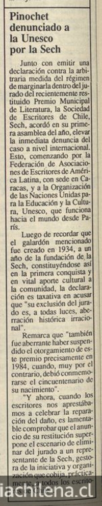 Pinochet denunciado a la Unesco por la Sech