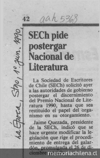 SECH pide postergar Premio Nacional