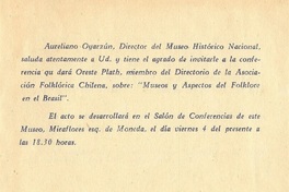 Invitación a conferencia “Museos y Aspectos del folklore en el Brasil” de Oreste Plath