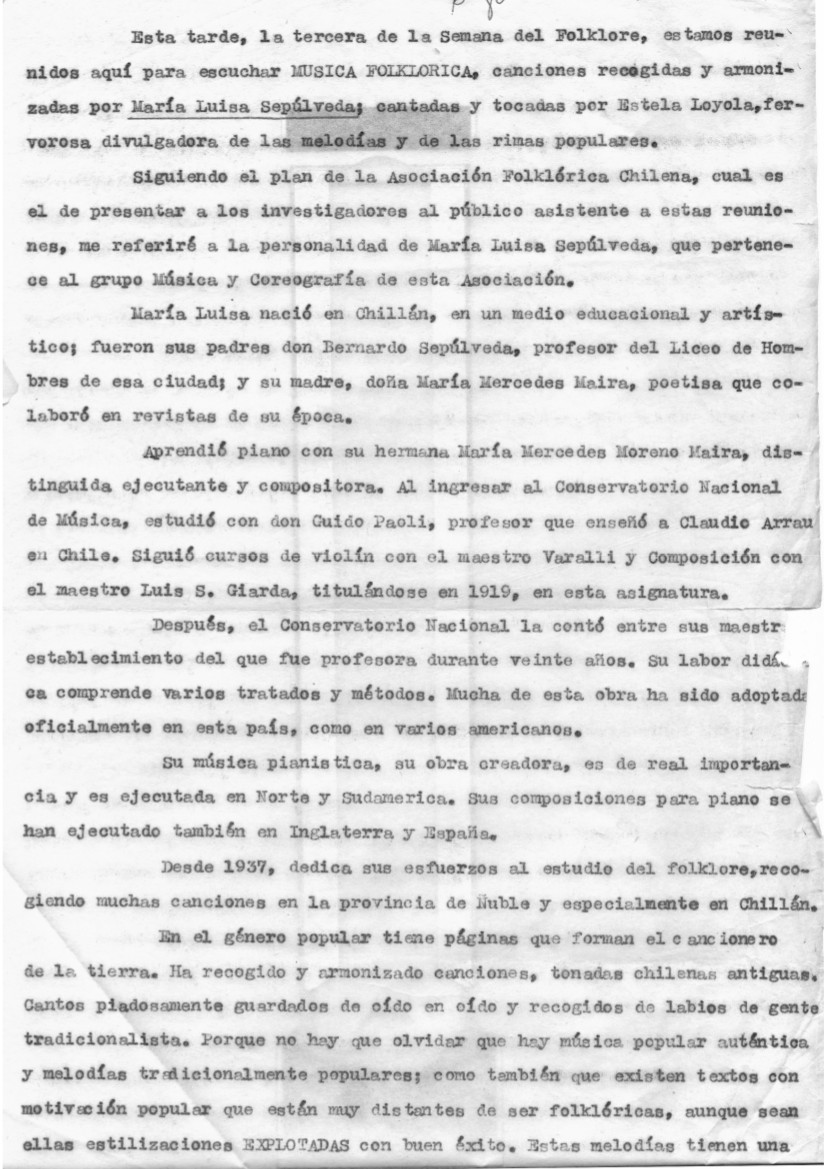 Discurso en la Semana del Folklore acerca de María Luisa Sepúlveda