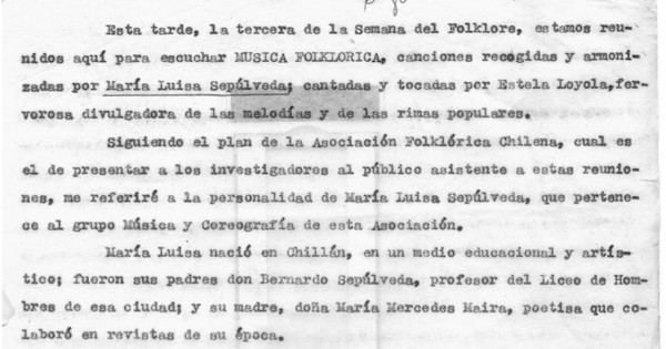 Discurso en la Semana del Folklore acerca de María Luisa Sepúlveda