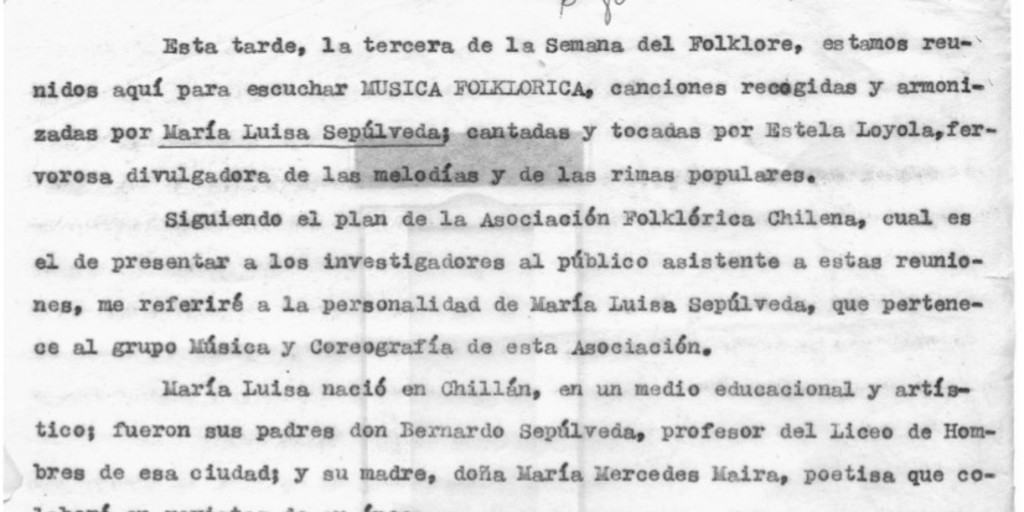 Discurso en la Semana del Folklore acerca de María Luisa Sepúlveda