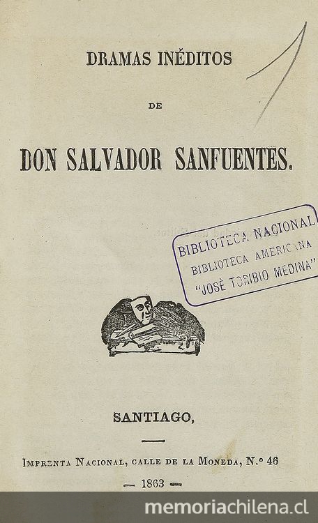 Portada de Dramas inéditos (1863) de Salvador Sanfuentes, publicado por Miguel Luis Amunátegui.