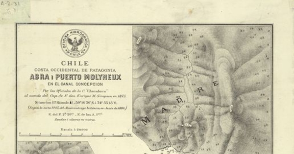 Abra i puerto Molyneux en el canal Concepción [mapa] :Chile : Costa occidental de Patagonia /Plano levantado por los Oficiales de la Corbeta "Chacabuco" ; bajo las órdenes del capitán de fragata Sr. Enrique M. Simpson.