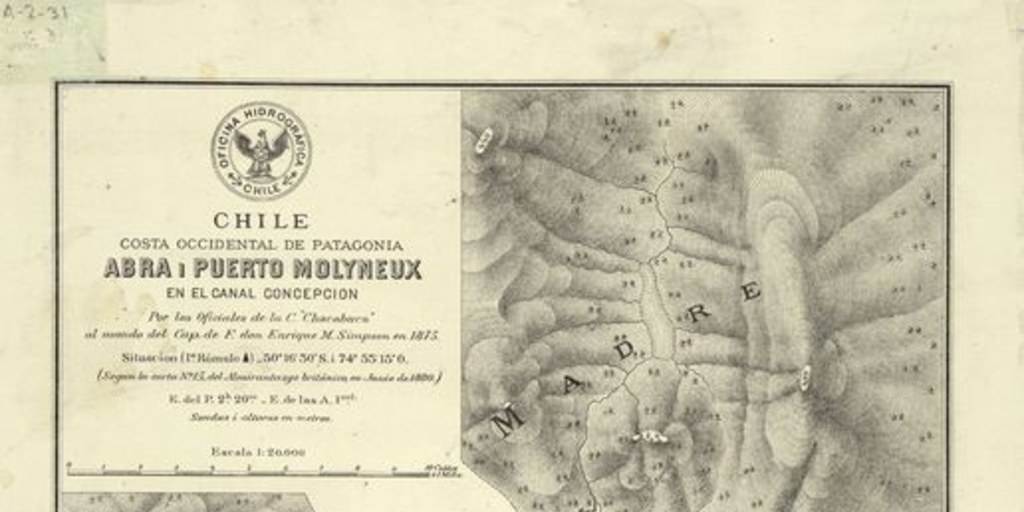 Abra i puerto Molyneux en el canal Concepción [mapa] :Chile : Costa occidental de Patagonia /Plano levantado por los Oficiales de la Corbeta "Chacabuco" ; bajo las órdenes del capitán de fragata Sr. Enrique M. Simpson.