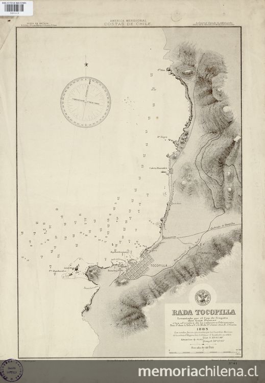 Rada Tocopilla[material cartográfico] /Levantado por el Cap. de Fragata don Luis Pomar i los oficiales de la cañonera Pilcomayo don A. Silva V. i G.M. don E.J. Garín, 1885.