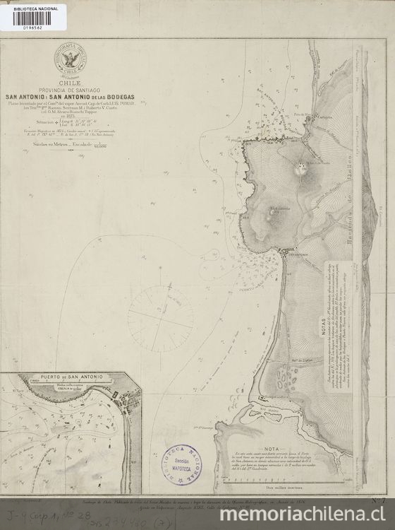 San Antonio i San Antonio de las Bodegas[mapa] :Chile : Provincia de Santiago /Plano levantado por el Comte. del vapor Ancud Cap. de Corb. Luis Pomar