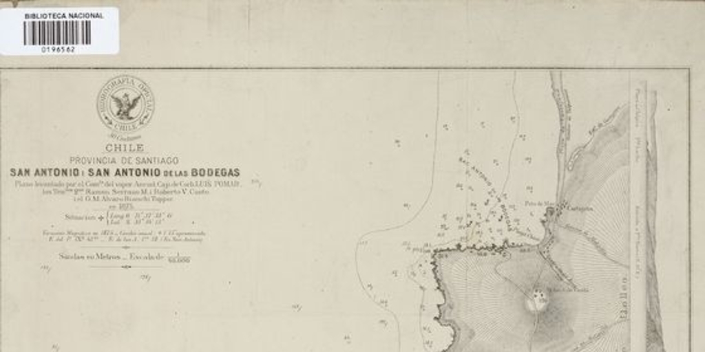 San Antonio i San Antonio de las Bodegas[mapa] :Chile : Provincia de Santiago /Plano levantado por el Comte. del vapor Ancud Cap. de Corb. Luis Pomar