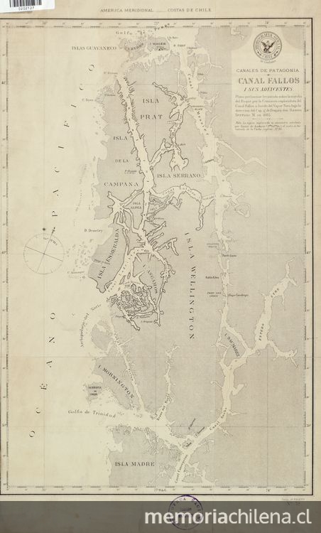 Pie de imagen: Canal Fallos i sus adyacentes[mapa] :Canales de Patagonia /plano preliminar levantado sobre la marcha del buque por la Comisión Esploradora del Canal Fallos, a bordo del Vapor Toro, bajo la dirección del Cap. de Fragata Don Ramón Serrano M.