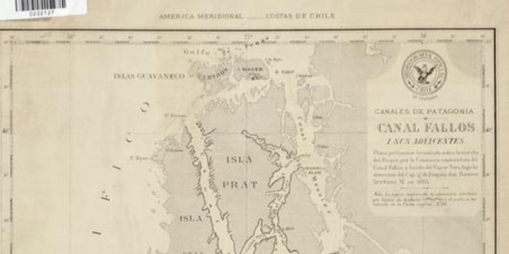 Pie de imagen: Canal Fallos i sus adyacentes[mapa] :Canales de Patagonia /plano preliminar levantado sobre la marcha del buque por la Comisión Esploradora del Canal Fallos, a bordo del Vapor Toro, bajo la dirección del Cap. de Fragata Don Ramón Serrano M.