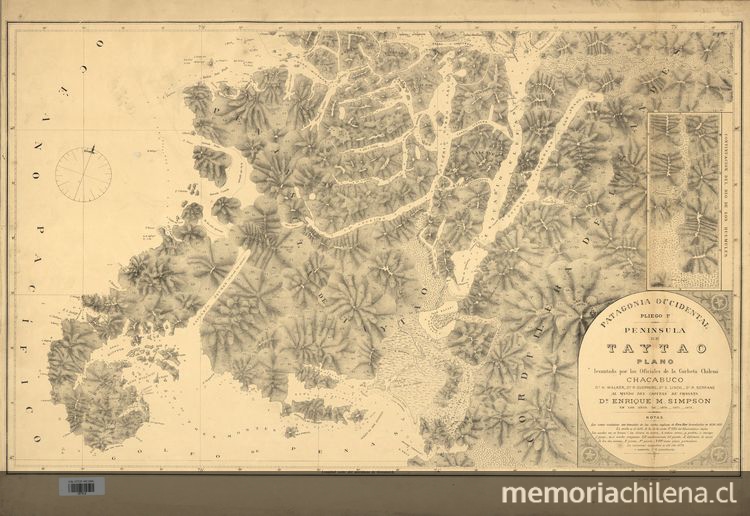 pie de imagen: Patagonia occidental pliego 1°[mapa] :Península de Taytao /plano levantado por los Oficiales de la Corbeta Chilena "Chacabuco"... al mando del Capitán de Fragata Dn. Enrique M. Simpson en los años 1870-1871-1872