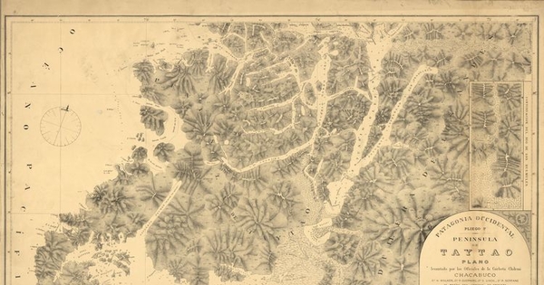 pie de imagen: Patagonia occidental pliego 1°[mapa] :Península de Taytao /plano levantado por los Oficiales de la Corbeta Chilena "Chacabuco"... al mando del Capitán de Fragata Dn. Enrique M. Simpson en los años 1870-1871-1872