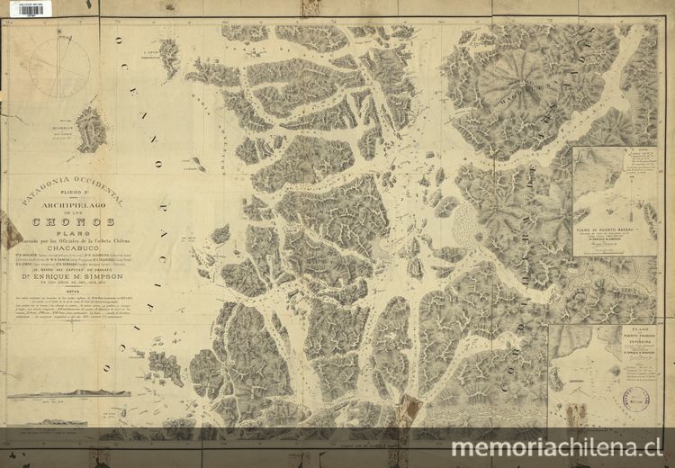 Pie de imagen: Patagonia occidental pliego 2°[mapa] :archipiélago de los Chonos /plano levantado por los Oficiales de la Corbeta Chilena "Chacabuco"... al mando del Capitán de Fragata Dn. Enrique M. Simpson en los años de 1871-1872-1873