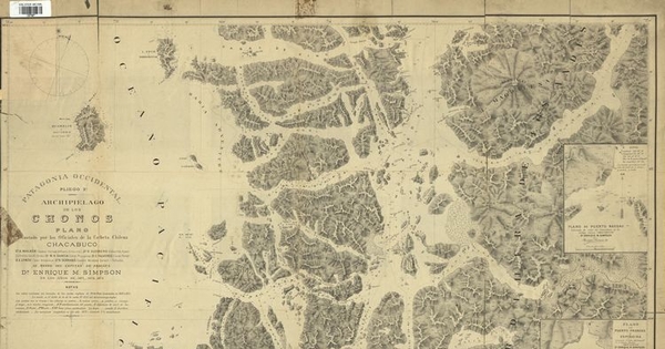 Pie de imagen: Patagonia occidental pliego 2°[mapa] :archipiélago de los Chonos /plano levantado por los Oficiales de la Corbeta Chilena "Chacabuco"... al mando del Capitán de Fragata Dn. Enrique M. Simpson en los años de 1871-1872-1873