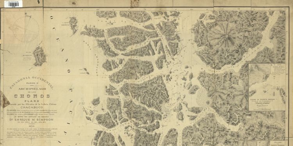 Pie de imagen: Patagonia occidental pliego 2°[mapa] :archipiélago de los Chonos /plano levantado por los Oficiales de la Corbeta Chilena "Chacabuco"... al mando del Capitán de Fragata Dn. Enrique M. Simpson en los años de 1871-1872-1873