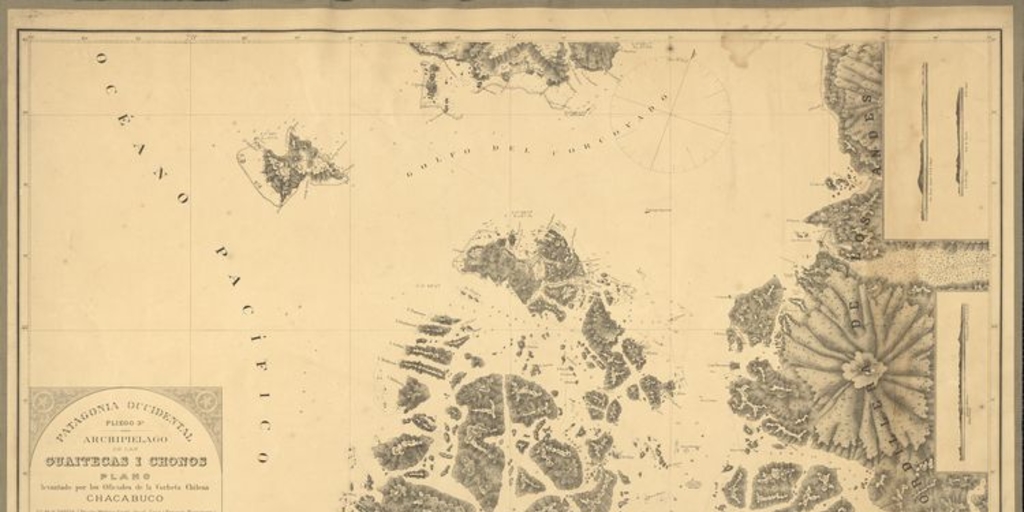 Pie de imagen: Patagonia occidental pliego 3°[mapa] :archipiélago de las Guaitecas i Chonos /levantado por los Oficiales de la Corbeta Chilena "Chacabuco"... al mando del Capitán de Fragata Dn. Enrique M. Simpson en el año 1873.