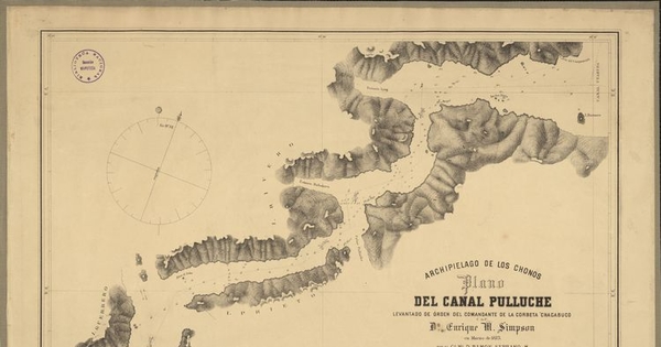 Pie de imagen: Plano del canal Pulluche[mapa] /Levantado de orden del Comandante de la Corbeta "Chacabuco" Dn. Enrique M. Simpson en marzo de 1873 por el Ga.Ma. D. Ramón Serrano.