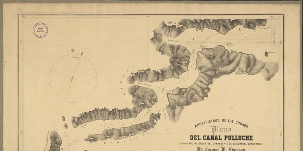 Pie de imagen: Plano del canal Pulluche[mapa] /Levantado de orden del Comandante de la Corbeta "Chacabuco" Dn. Enrique M. Simpson en marzo de 1873 por el Ga.Ma. D. Ramón Serrano.