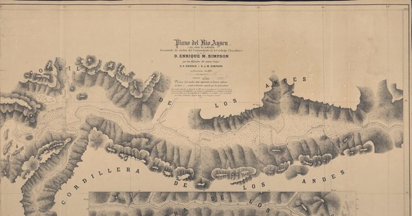 Pie de imagen: Plano del río Aysén i del paso Simpson[material cartográfico] /levantado de órden del Comandante de la Corbeta "Chacabuco" C. de F. D. Enrique M. Simpson, por los Oficiales del mismo buque, D.A. Garrao i D.J.M. Simpson en diciembre de 1871.