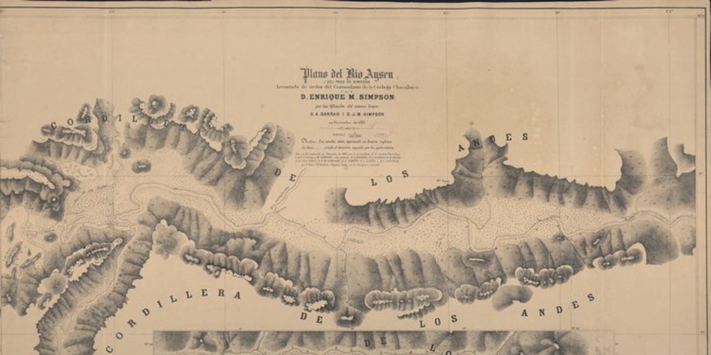 Pie de imagen: Plano del río Aysén i del paso Simpson[material cartográfico] /levantado de órden del Comandante de la Corbeta "Chacabuco" C. de F. D. Enrique M. Simpson, por los Oficiales del mismo buque, D.A. Garrao i D.J.M. Simpson en diciembre de 1871.