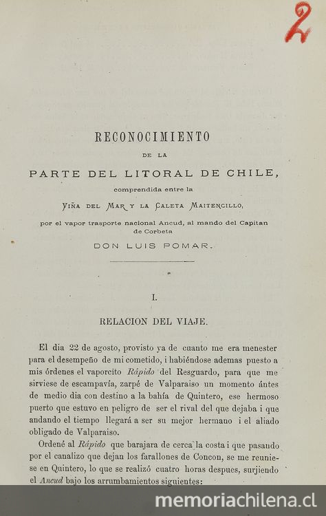 Reconocimiento de la parte del litoral de Chile :comprendida entre la Viña del Mar y la Caleta Maitencillo, por el vapor trasporte nacional Ancud /al mando del Capitán de Corbeta don Luis Pomar