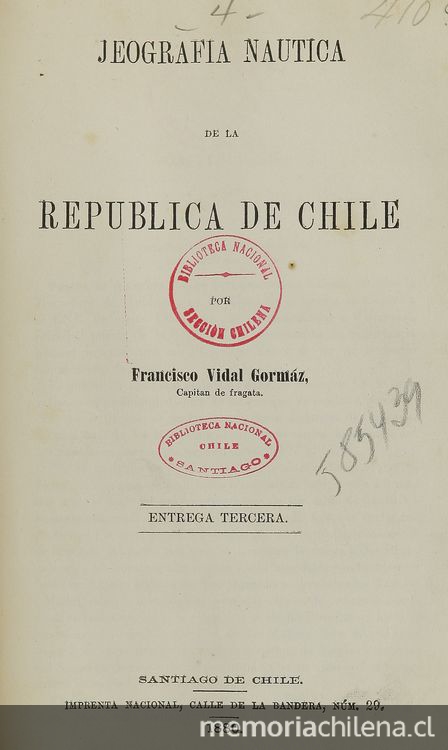 Pie de imagen: Portada de Vidal Gormaz, Francisco. Jeografía náutica de la República de Chile. Santiago: Imp. de "El progreso", 1883.