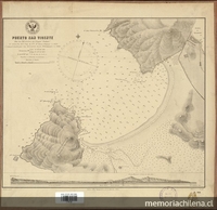 Pie deimagen: Puerto San Vicente[mapa] :por los oficiales del Vapor "Toltén" al mando del Cap. de Cta. Sr. Luis Pomar en 1879 i completado por los Oficiales de la Pilcomayo en 1900.