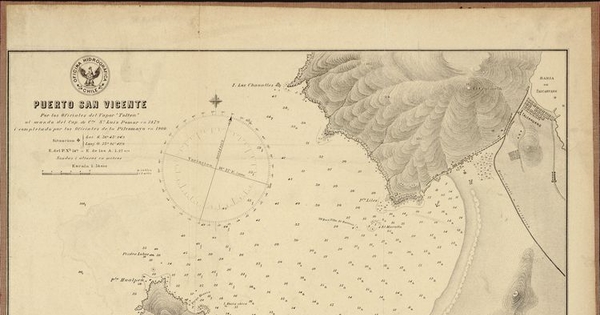 Pie deimagen: Puerto San Vicente[mapa] :por los oficiales del Vapor "Toltén" al mando del Cap. de Cta. Sr. Luis Pomar en 1879 i completado por los Oficiales de la Pilcomayo en 1900.