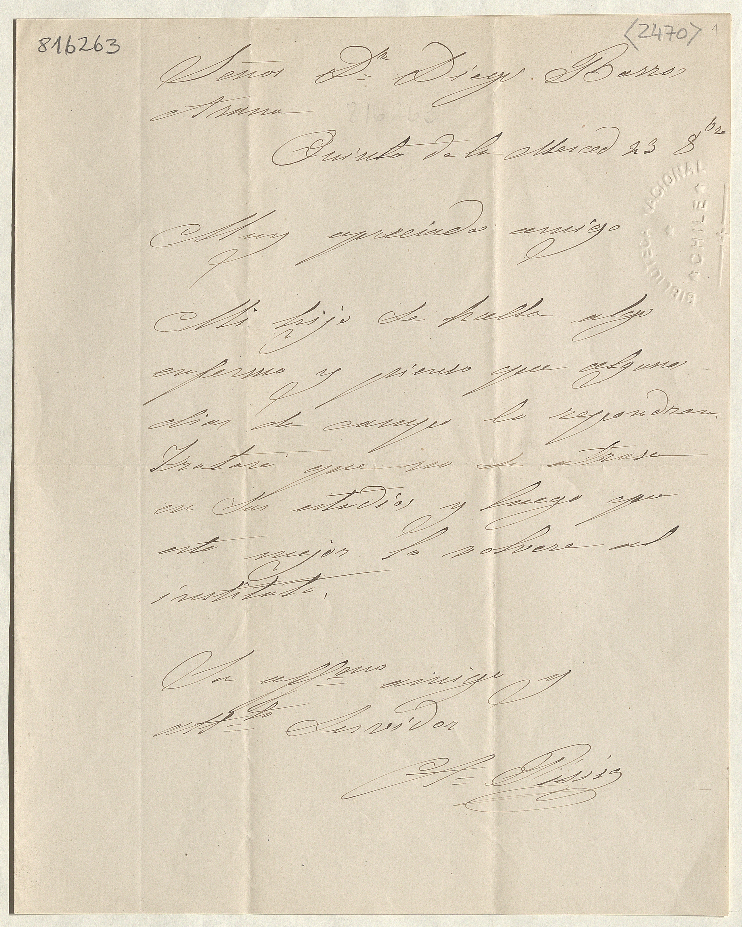 [Carta, 1866?] Sep. 23, Quinta de la Merced [al] Señor Dn. Diego Barros Arana[manuscrito]