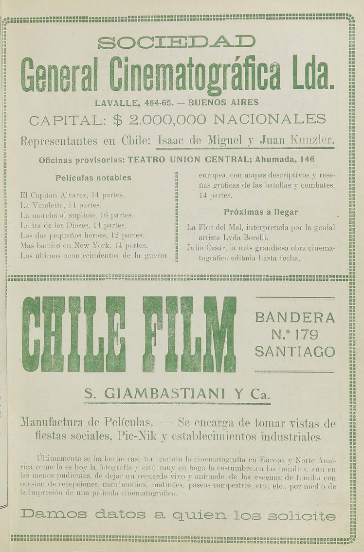 Espacio publicitario de Chile cinematográfico. Año I, número 2, 15 de julio de 1915