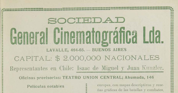 Espacio publicitario de Chile cinematográfico. Año I, número 2, 15 de julio de 1915