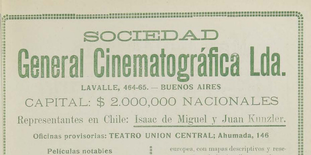 Espacio publicitario de Chile cinematográfico. Año I, número 2, 15 de julio de 1915