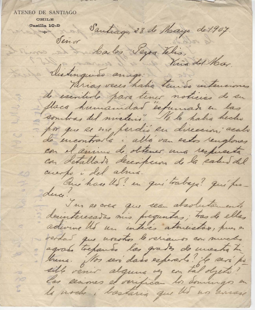 Carta a Carlos Pezoa Véliz de Guillermo Labarca Hubertson. Santiago, 28 de mayo de 1907
