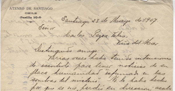 Carta a Carlos Pezoa Véliz de Guillermo Labarca Hubertson. Santiago, 28 de mayo de 1907