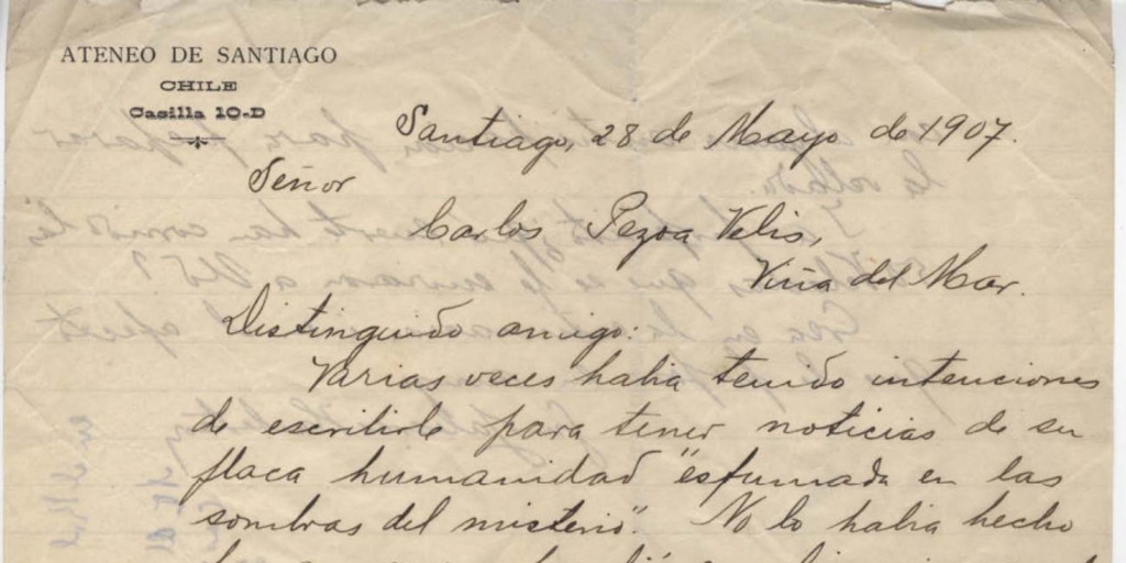 Carta a Carlos Pezoa Véliz de Guillermo Labarca Hubertson. Santiago, 28 de mayo de 1907