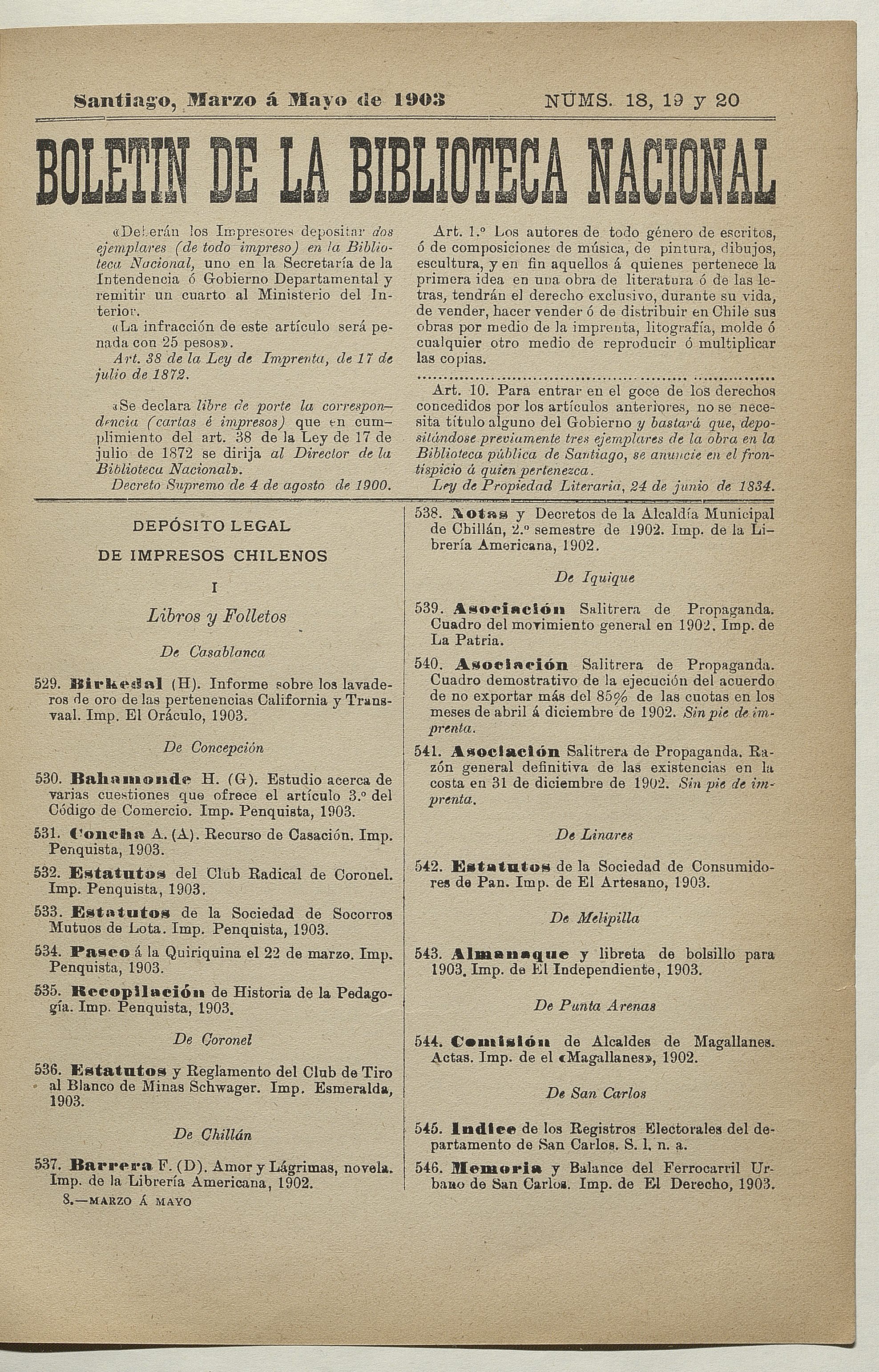 Informe pasado a la Dirección de la Biblioteca Nacional acerca de la comisión que se le confirió para visitar las imprentas del sur del país