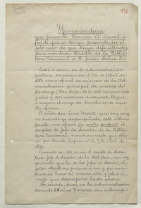 Memorándum que presenta Ramón A. Laval, a fin de que se tenga presente en el solo caso de que haya dificultades para nombrar Director de la Biblioteca Nacional a D. Juan Salas E.