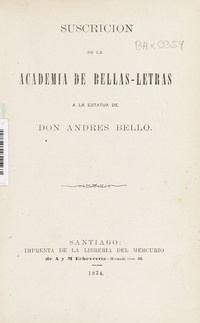 Suscrición de la Academia de Bellas Letras a la estatua de Don Andrés Bello (1874)