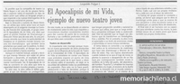 El apocalipsis de mi vida, ejemplo de nuevo teatro joven