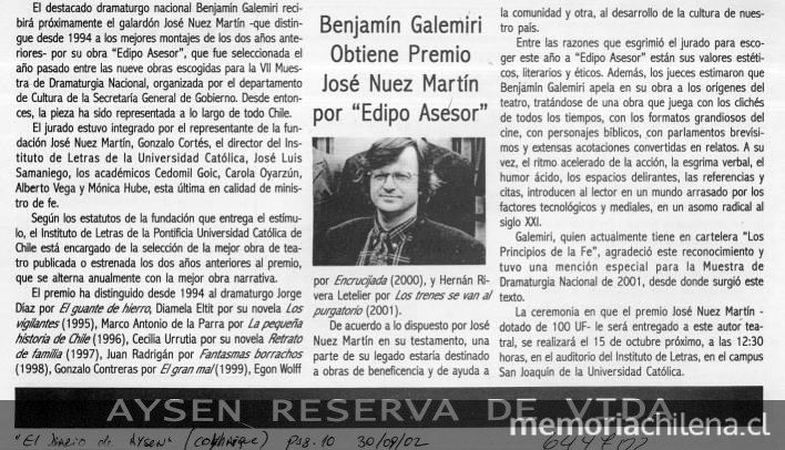 Benjamín Galemiri obtiene Premio José Nuez Martín por Edipo Asesor