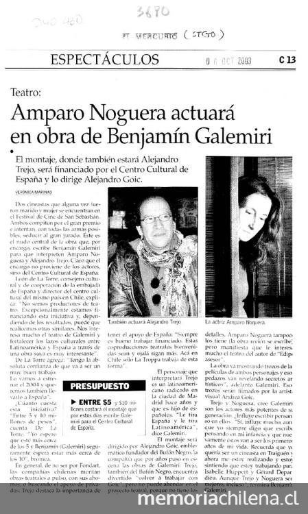 Amparo Noguera actuará en obra de Benjamín Galemiri