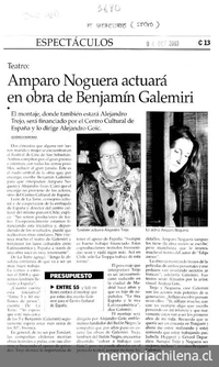 Amparo Noguera actuará en obra de Benjamín Galemiri