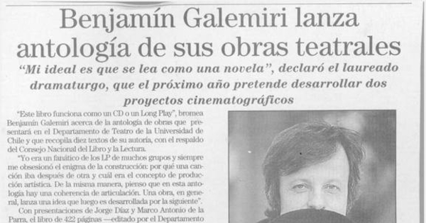 Benjamín Galemiri lanza Antología de sus obras teatrales