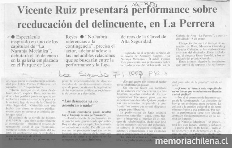 Vicente Ruiz presentará performance sobre reeducación del delincuente, en La Perrera