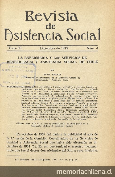 "La enfermería y los servicios de Beneficencia y Asistencia Social de Chile", Revista de Asistencia Social, XI, (4): 203-253, diciembre 1942