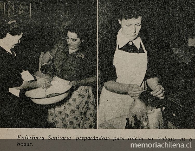 Enfermera sanitara demostrando cómo improvisar una cama de bebé, 1948. Eva, 3 de diciembre de 1948, p. 38