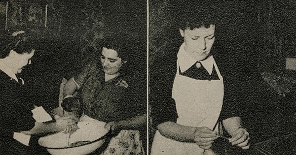 Enfermera sanitara demostrando cómo improvisar una cama de bebé, 1948. Eva, 3 de diciembre de 1948, p. 38