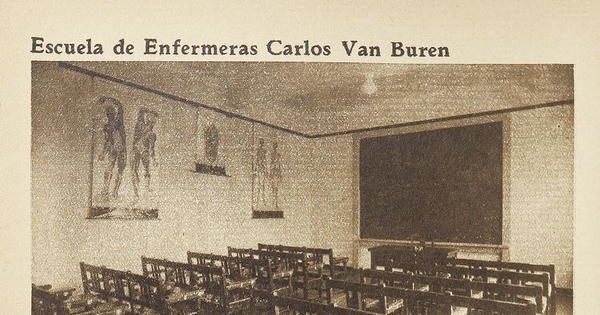 Sala de Clases, escuela de Enfermería Carlos Van Buren de Valparaíso, 1935. P.264En: de la Fuente, Rudesindo. "La escuela de enfermeras", Revista de Asistencia Social, IV, (3): 257-285, septiembre, 1935.