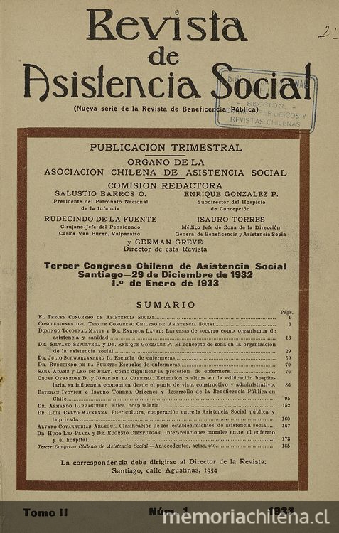 "Escuelas de Enfermeras", Revista de Asistencia Social, II, (1): 70-75, 1933.